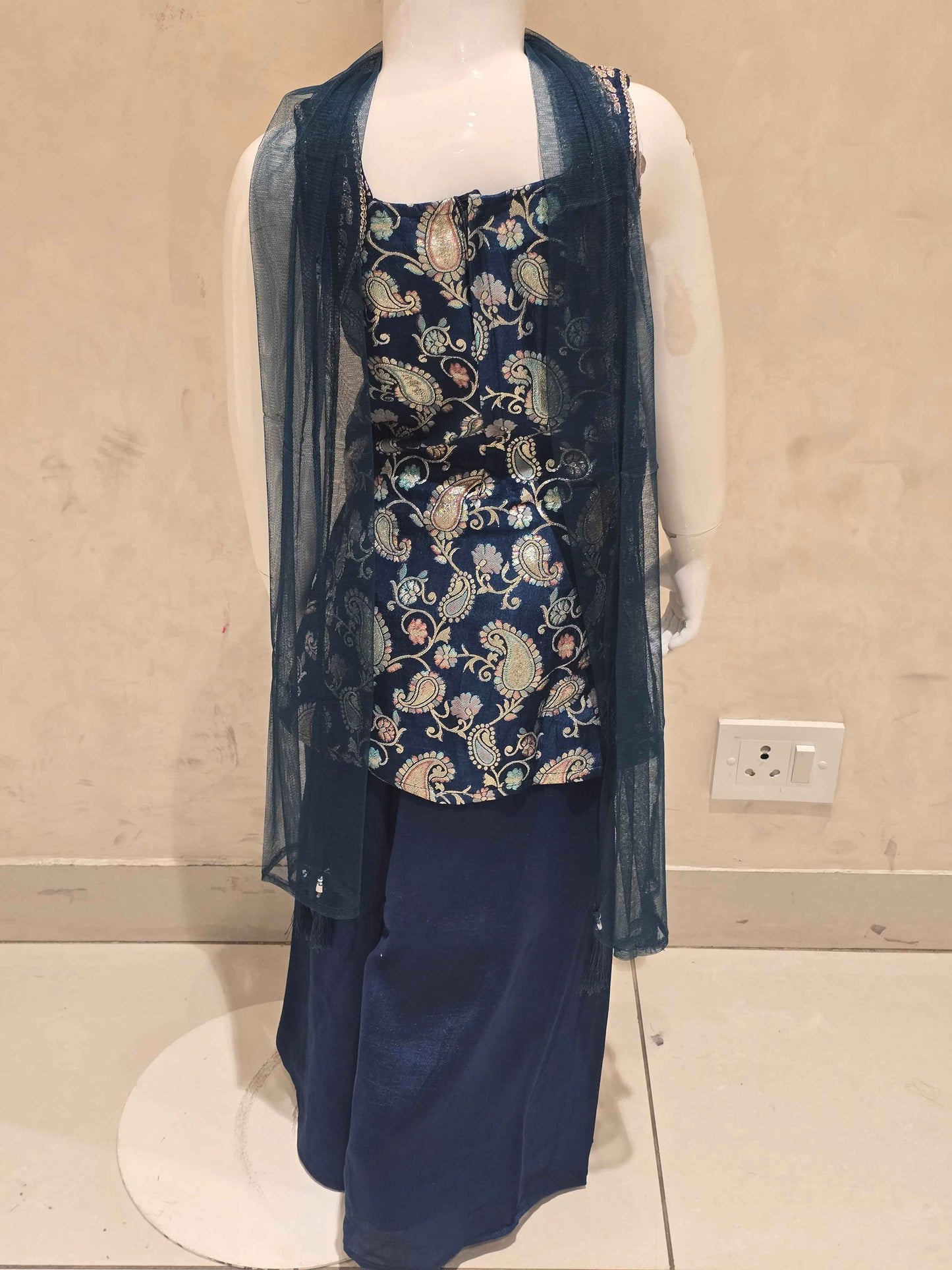Printed crepe material teel blue colour sharara set for girl