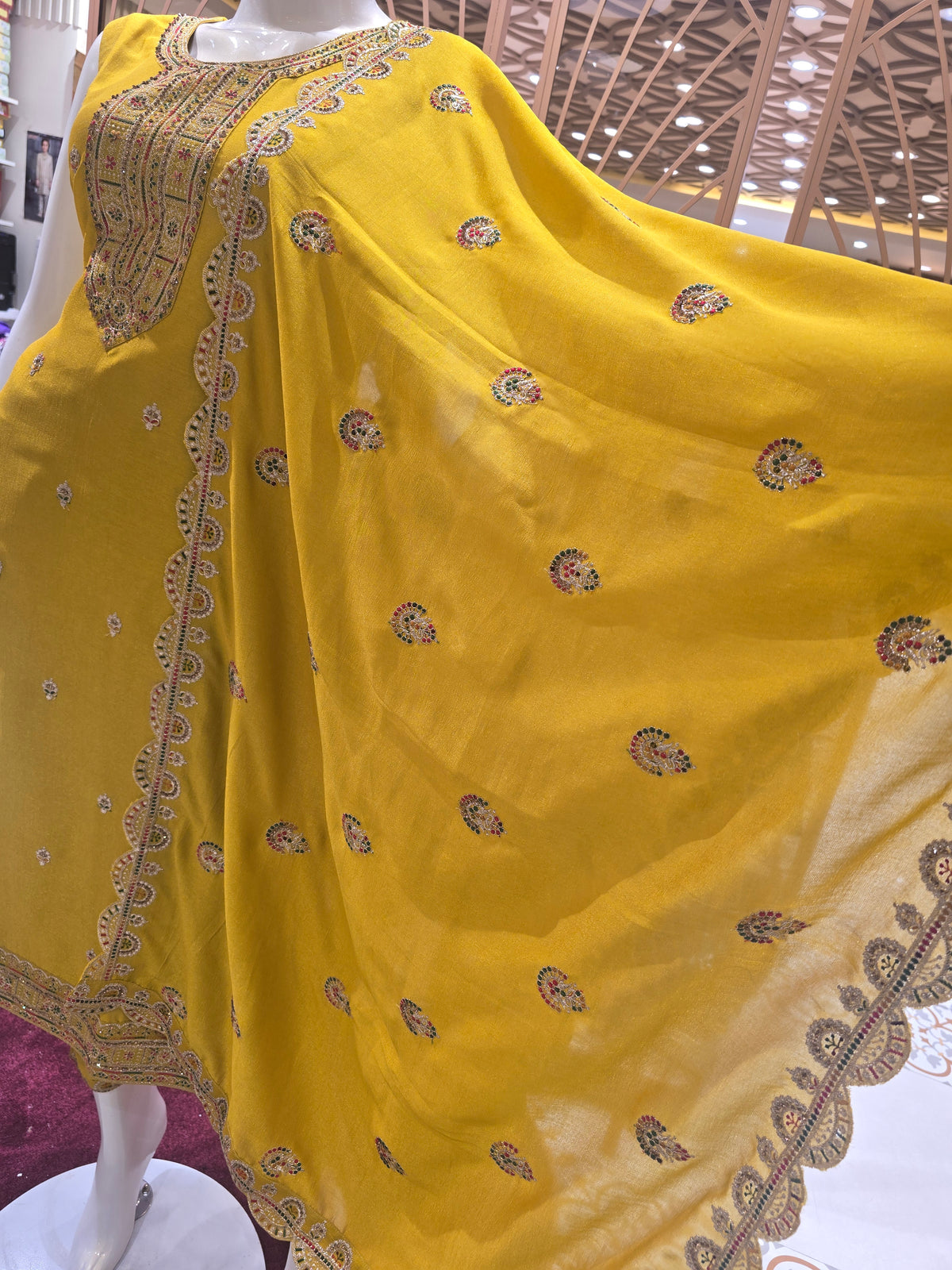 Mustard Shining Softsilk Party Wear Set for Women with Zari Embroidery, Thread Work & Cutwork Border Dupatta – Elegant Occasion Wear