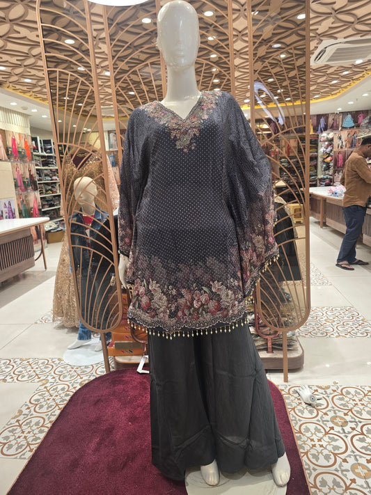 Women’s Kafthani Party Wear Set in Teel Blue with Floral Hand Work V-Neck, Printed Border and Small Butta Design Body with Palazzo Pants