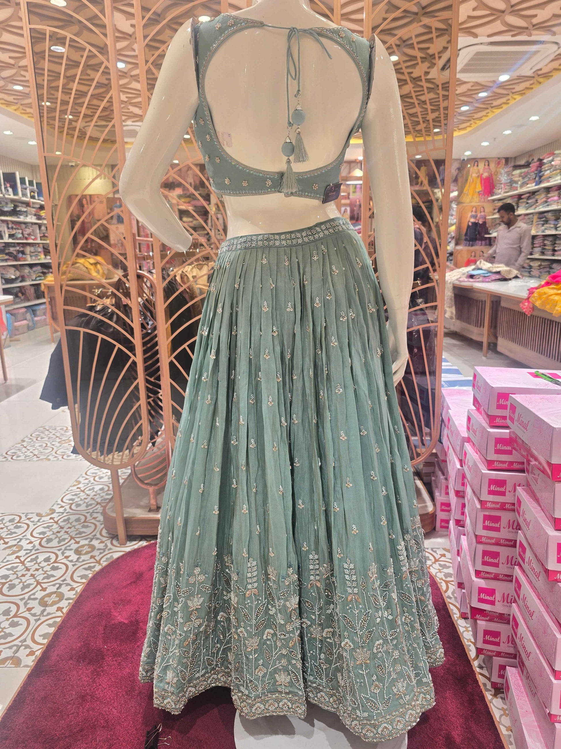 Women Pista Green Tissue Silk Bridal Lehenga Set