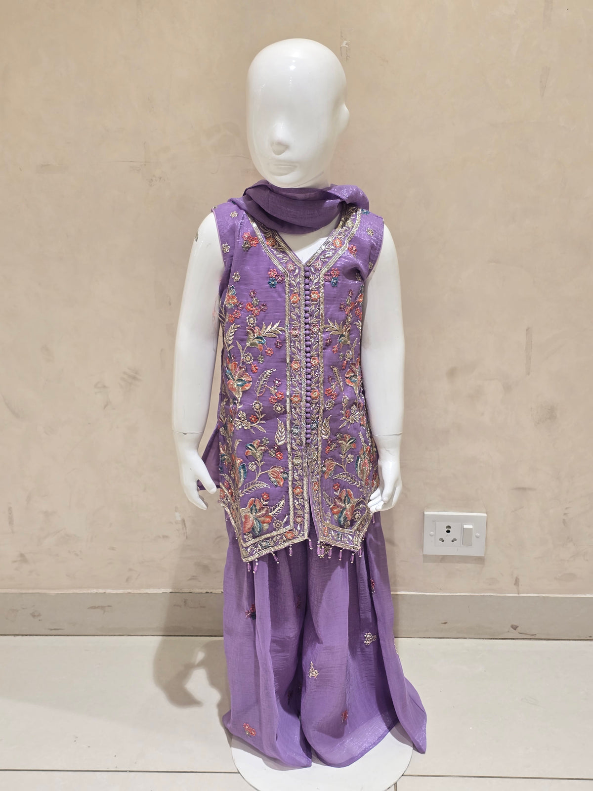 Girls Peach Crepe V Neck Sharara Set