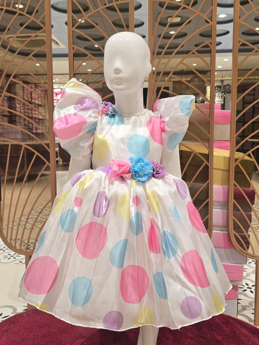 White Satin Baby Frock with Rainbow Polka Dots for Girls