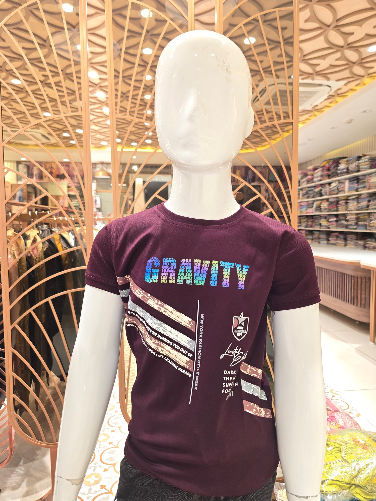 Boys Maroon Lycra Cotton Printed T Shirt