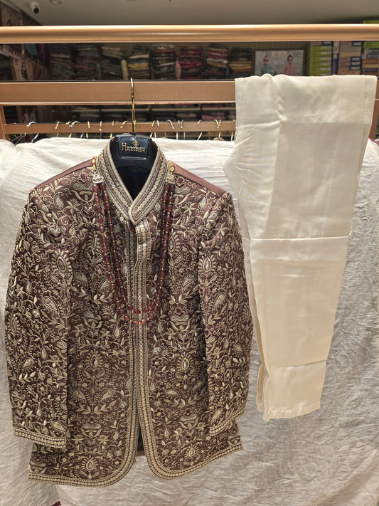 Boys Brown Dupion Silk Indo-Western Set with Thread Embroidery and Micro Sequin Work
