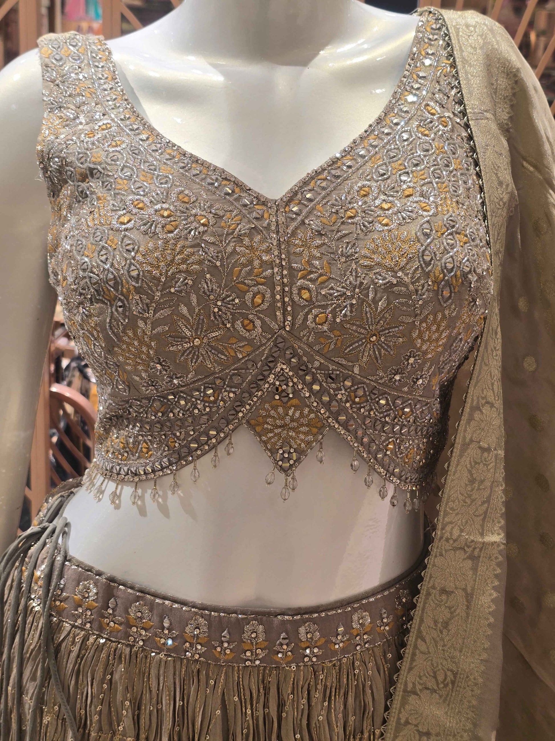 Women Gray Yellow Zari Jharkhan Lehenga Set
