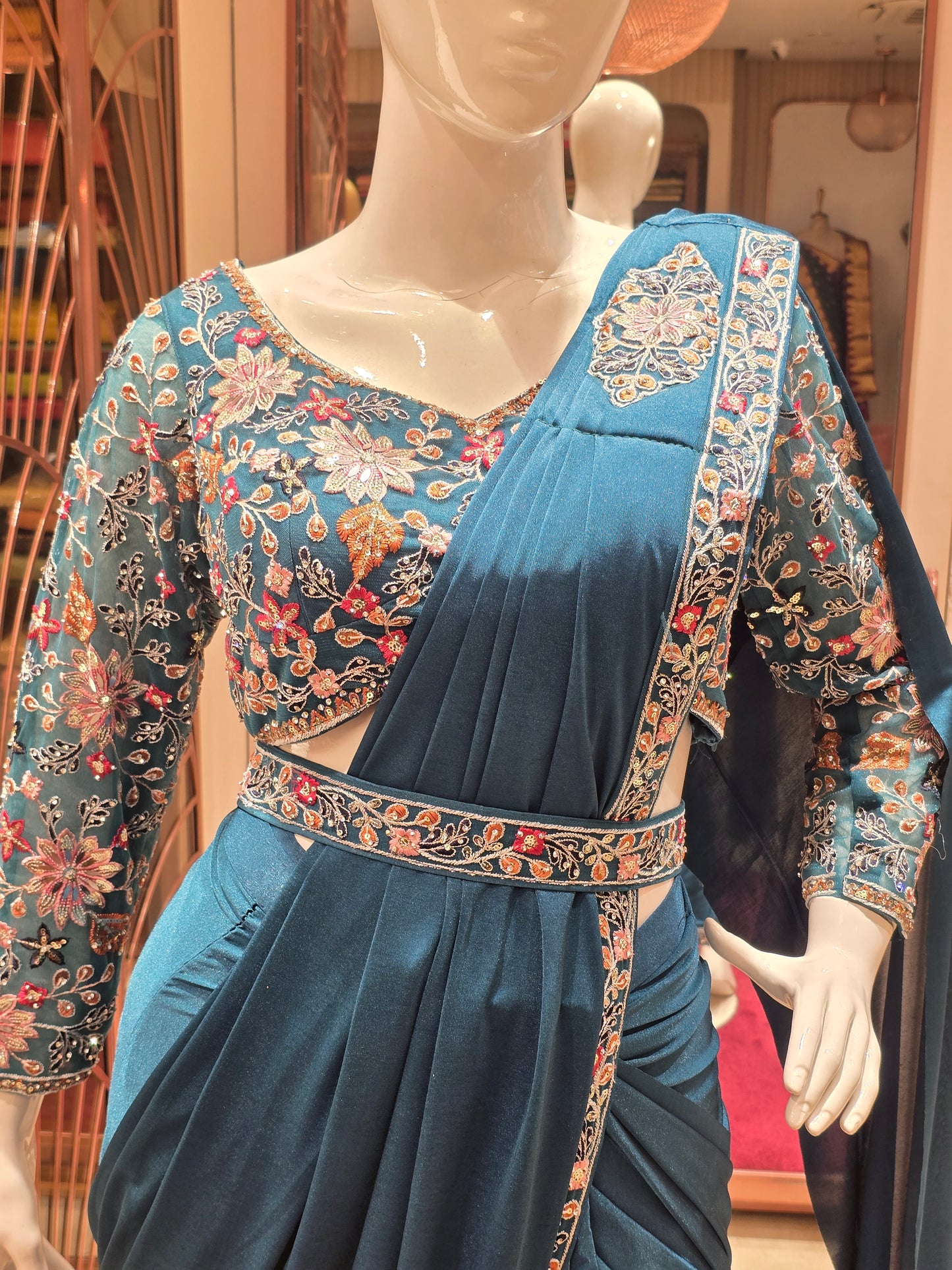 Teal Blue Indo-Western Pre-Draped Saree Set