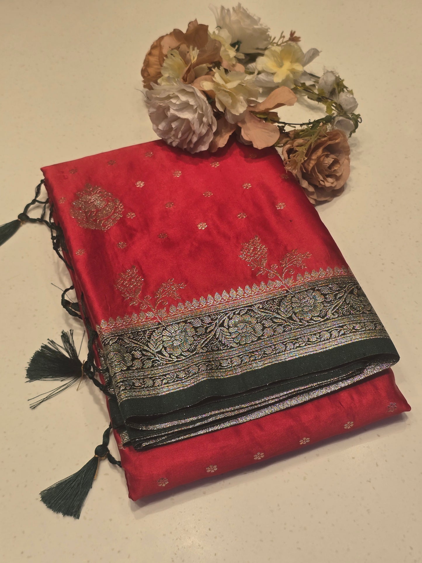 Satin Banarasi Saree with Jari Butta, Rich Pallu & Contrast Blouse | Festive & Traditional Wear