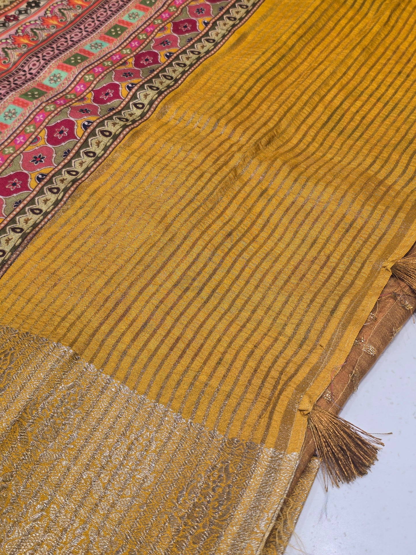 Semi Crepe Printed Silk Saree with Banarasi Border and Contrast Butta Blouse | Festive & Party Wear