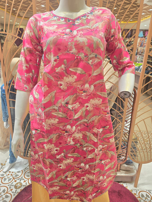 Women Peach Pink Floral Printed Cotton Top