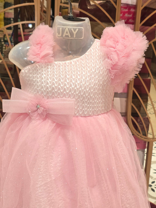 Girl Soft Pink Knitted Asymmetrical Bow Party Gown