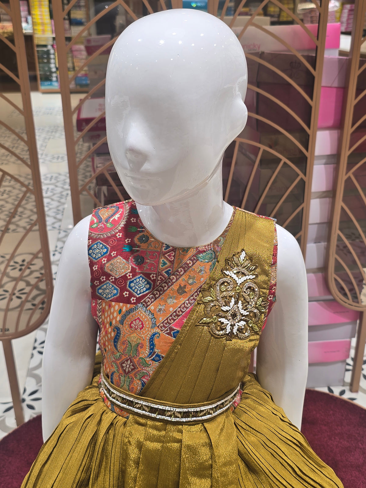Girl Mehndi Green Banarasi Crepe Traditional Short Frock