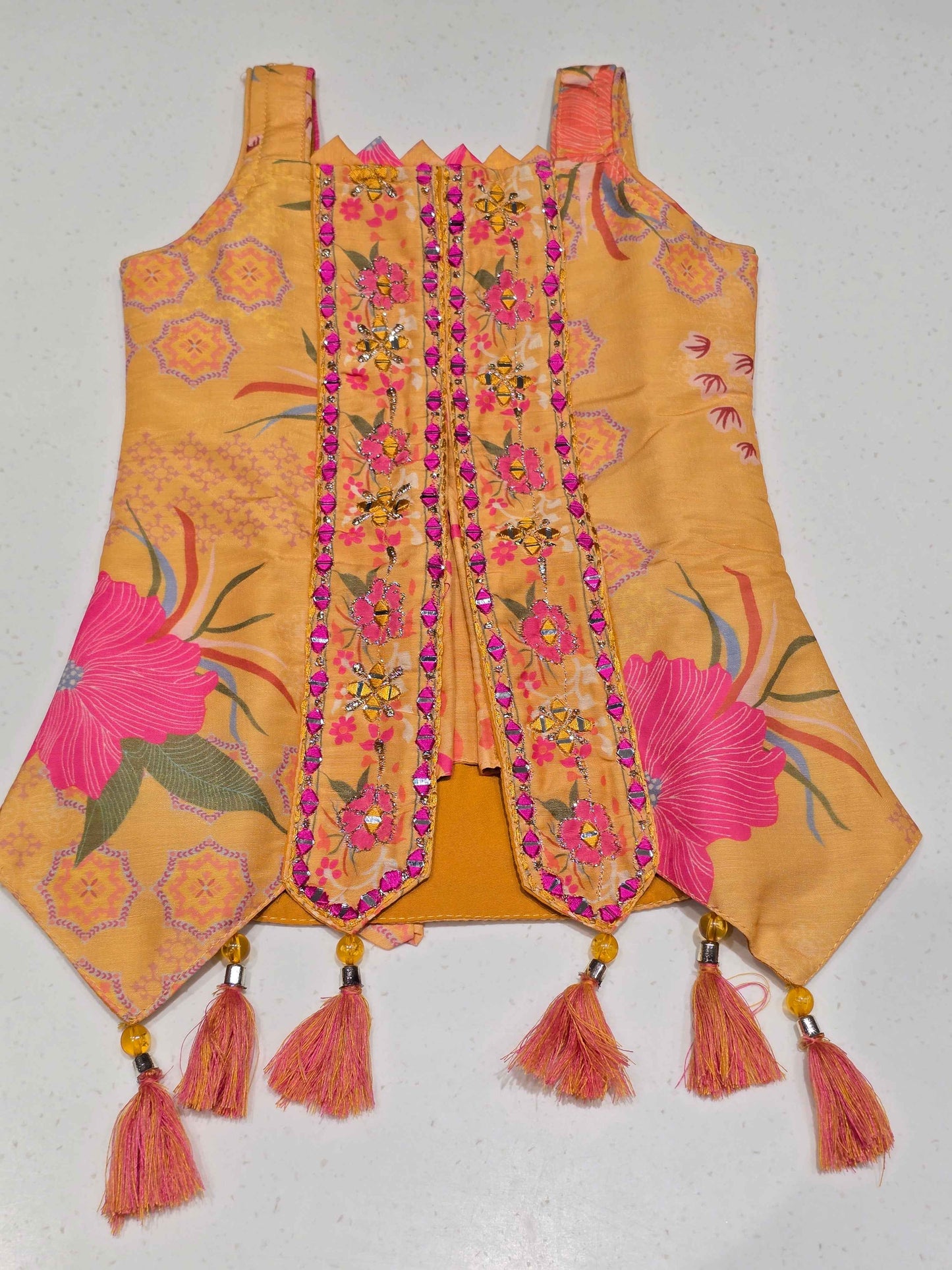 Crepe material mustred color sharara set with slit cut top