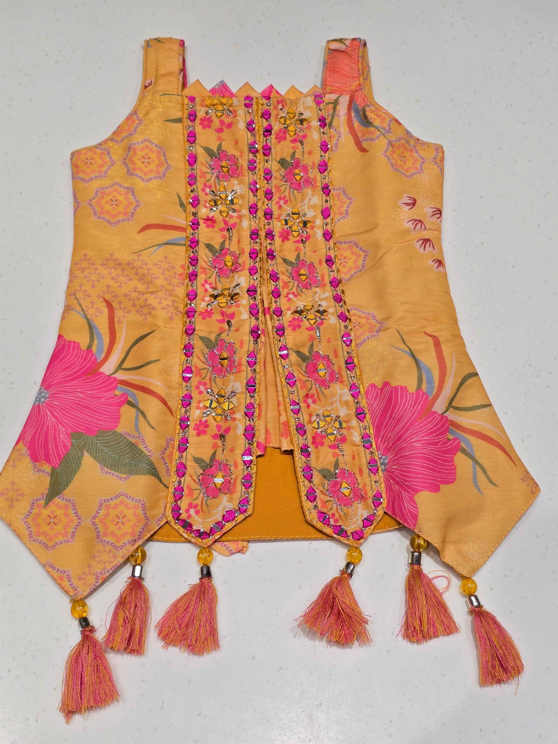Crepe material mustred color sharara set with slit cut top