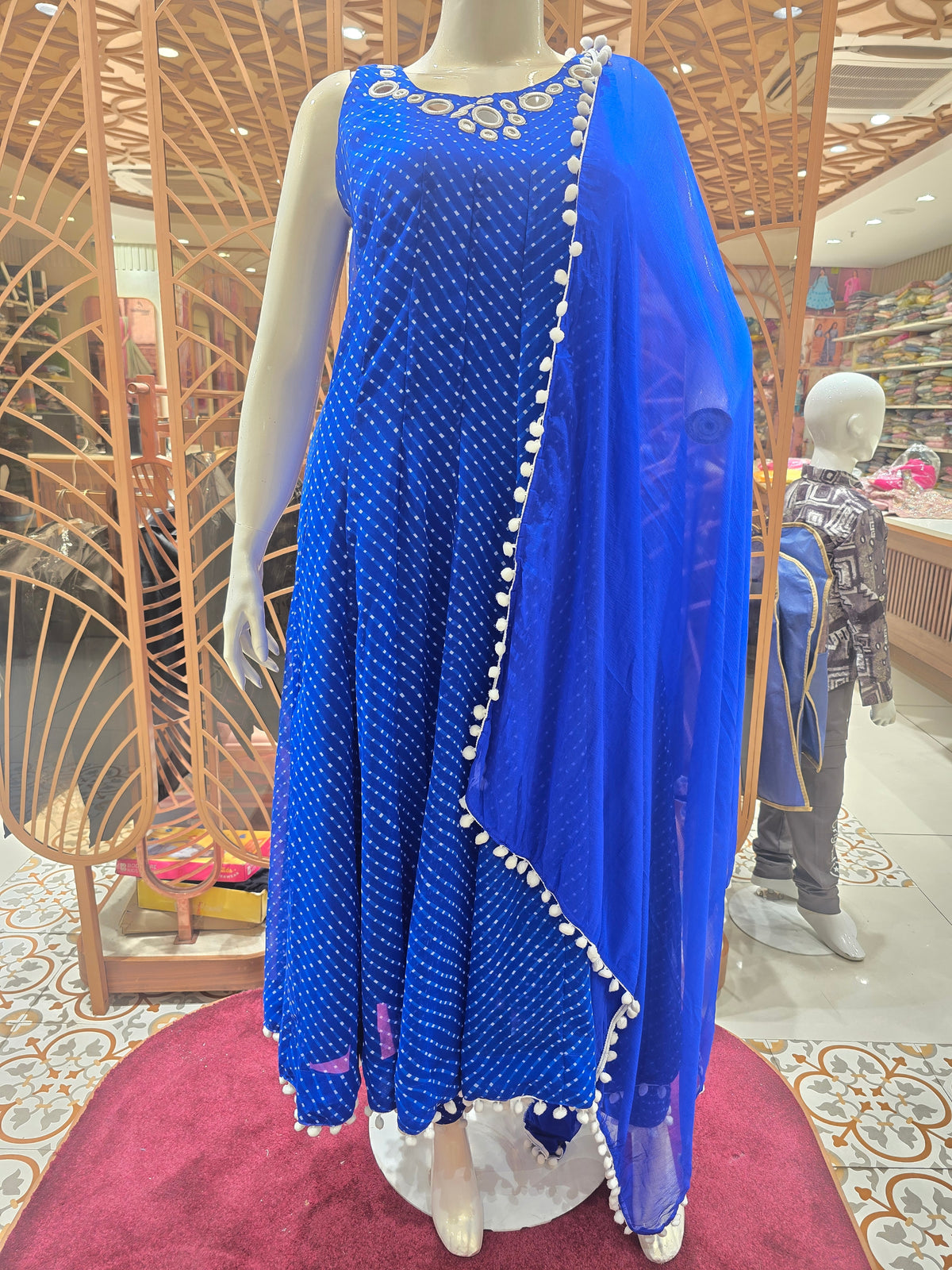 royal blue Leheriya printed Anarkali suit set.