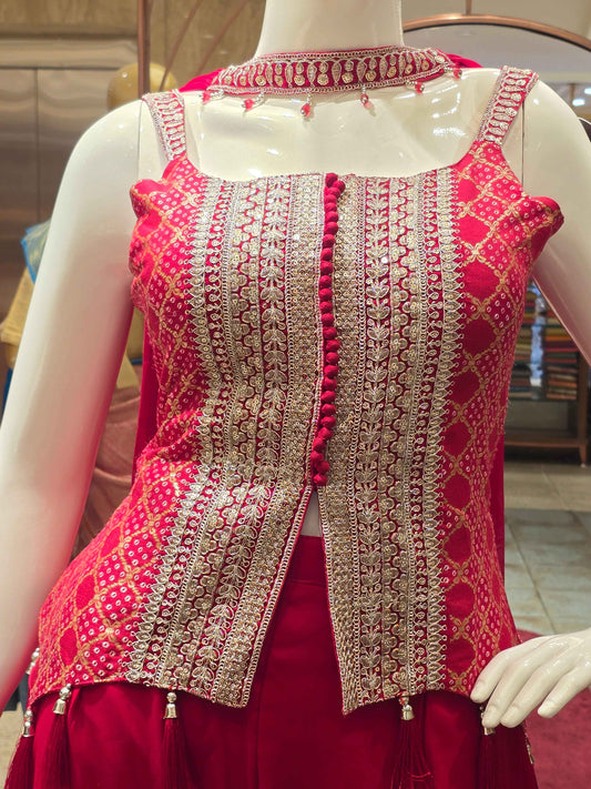 Banarasi georgette material cherry pink color indowestren set