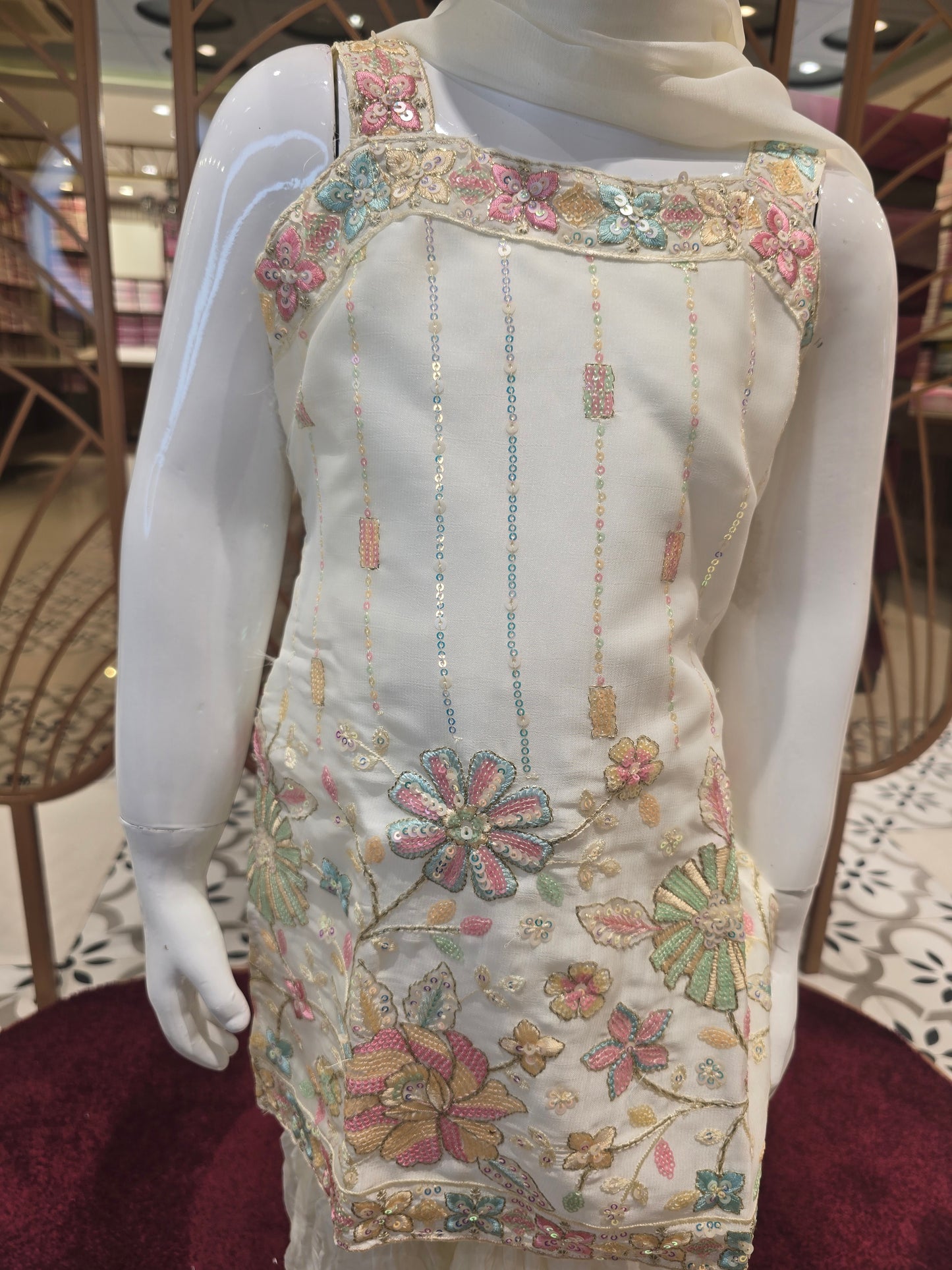 Girls Off White Embroidered Chiffon Sharara Set