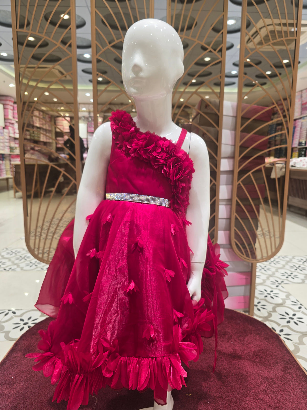 Girls Rani Pink Shimmer Satin Short Frock with Rose Shoulder Design