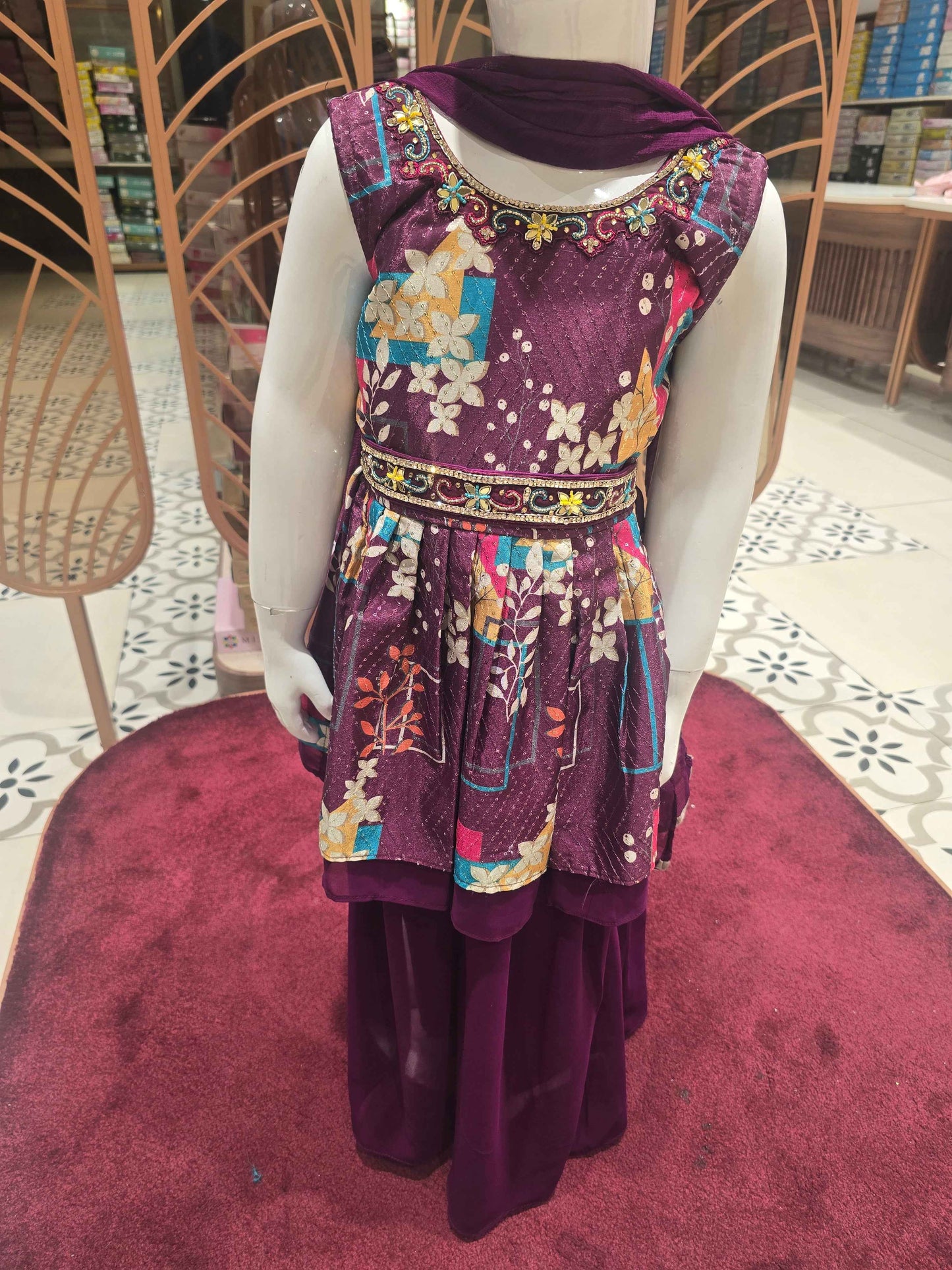 Printed crepe material sharara set with detachable belt