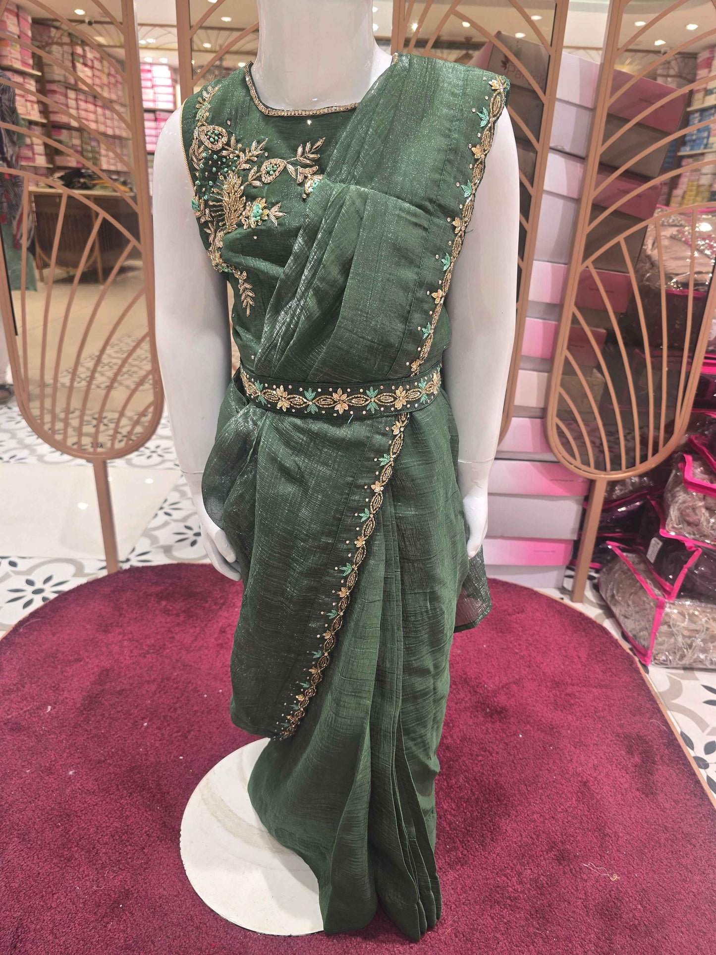 Crush tissue Material green colour ethnic ready to wear( 1min saree) with stone work detachable belt