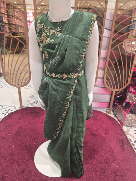 Crush tissue Material green colour ethnic ready to wear( 1min saree) with stone work detachable belt