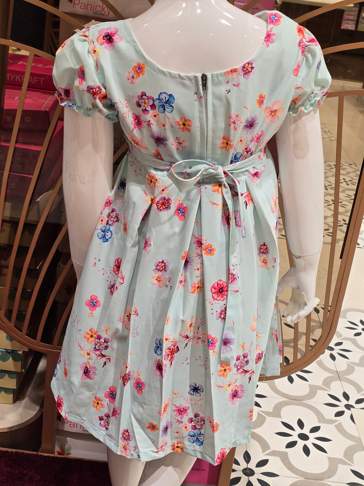 Pastel Green Floral Print Flare Frock for Girls