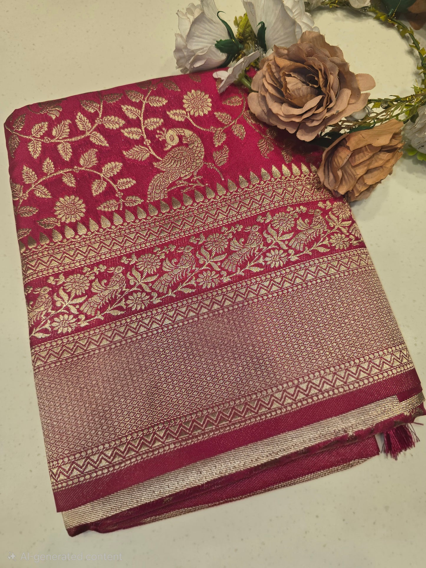 Semi Banarasi Silk Saree with Floral & Peacock Design and Fancy Zari Border | Festive Wear Saree for Women