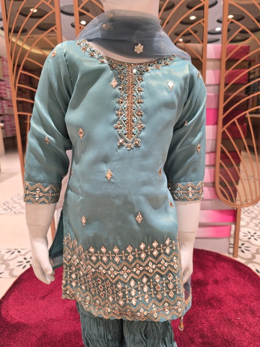 Girls Firozi Blue Tissue Sharara Set with Handworked Neck and Zari Dupatta