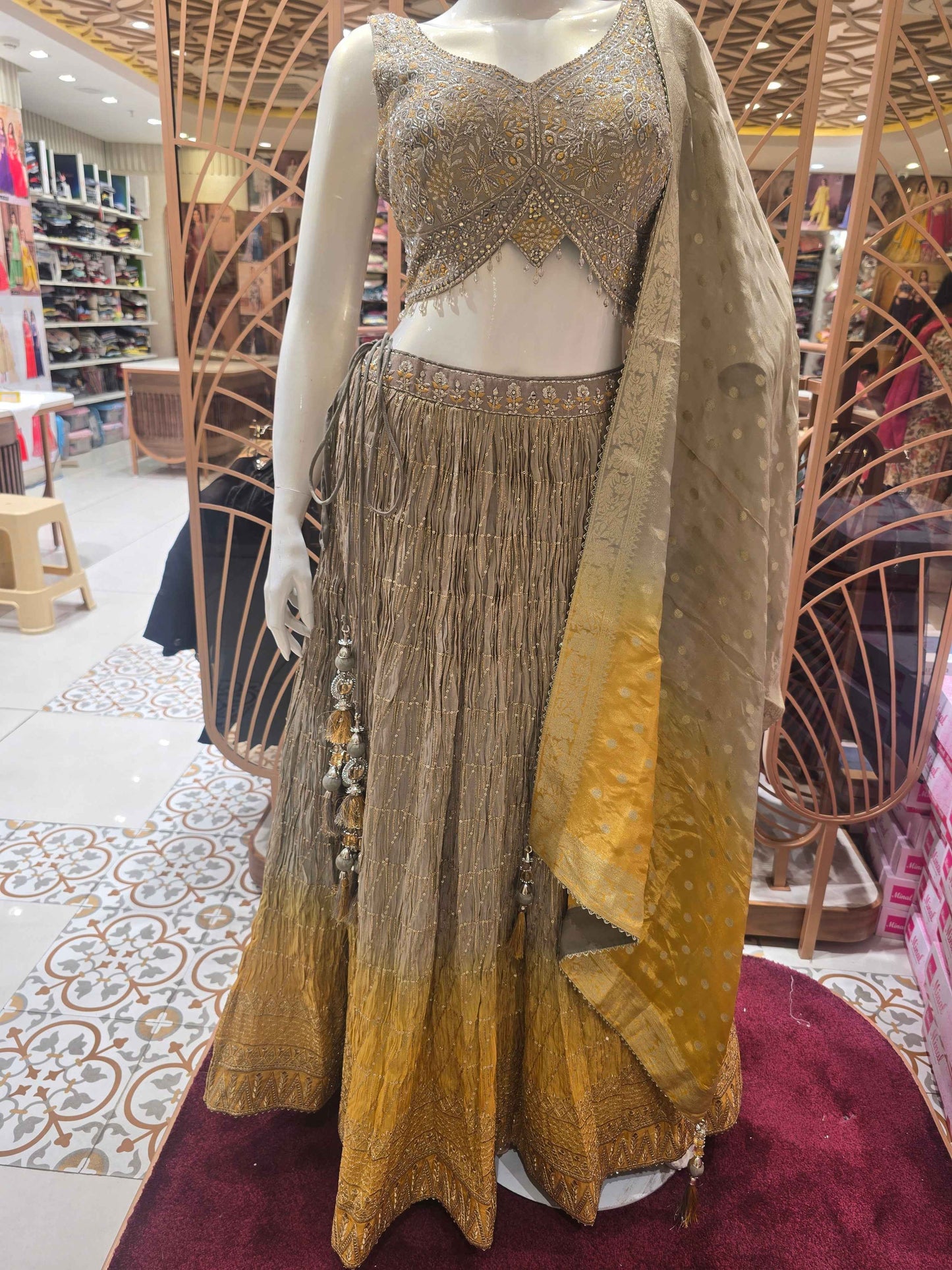 Women Gray Yellow Zari Jharkhan Lehenga Set