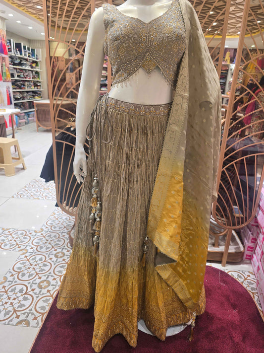 Women Gray Yellow Zari Jharkhan Lehenga Set