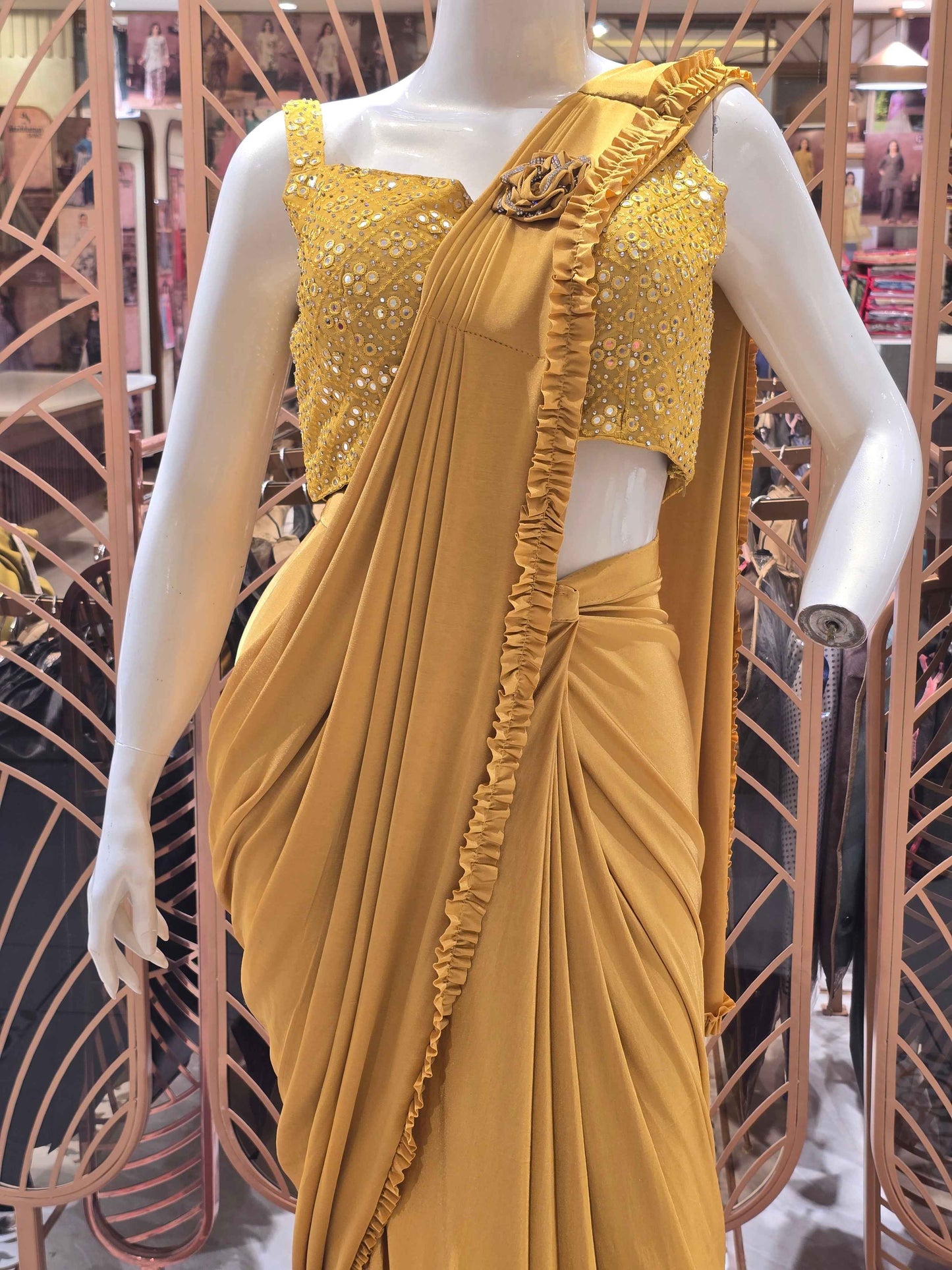 Women Sky Blue Lycra Satin Ready to Wear Saree Set