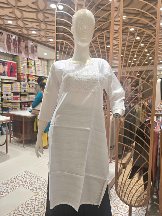 Cotton material white colour kurta for women with ¾ sleeves