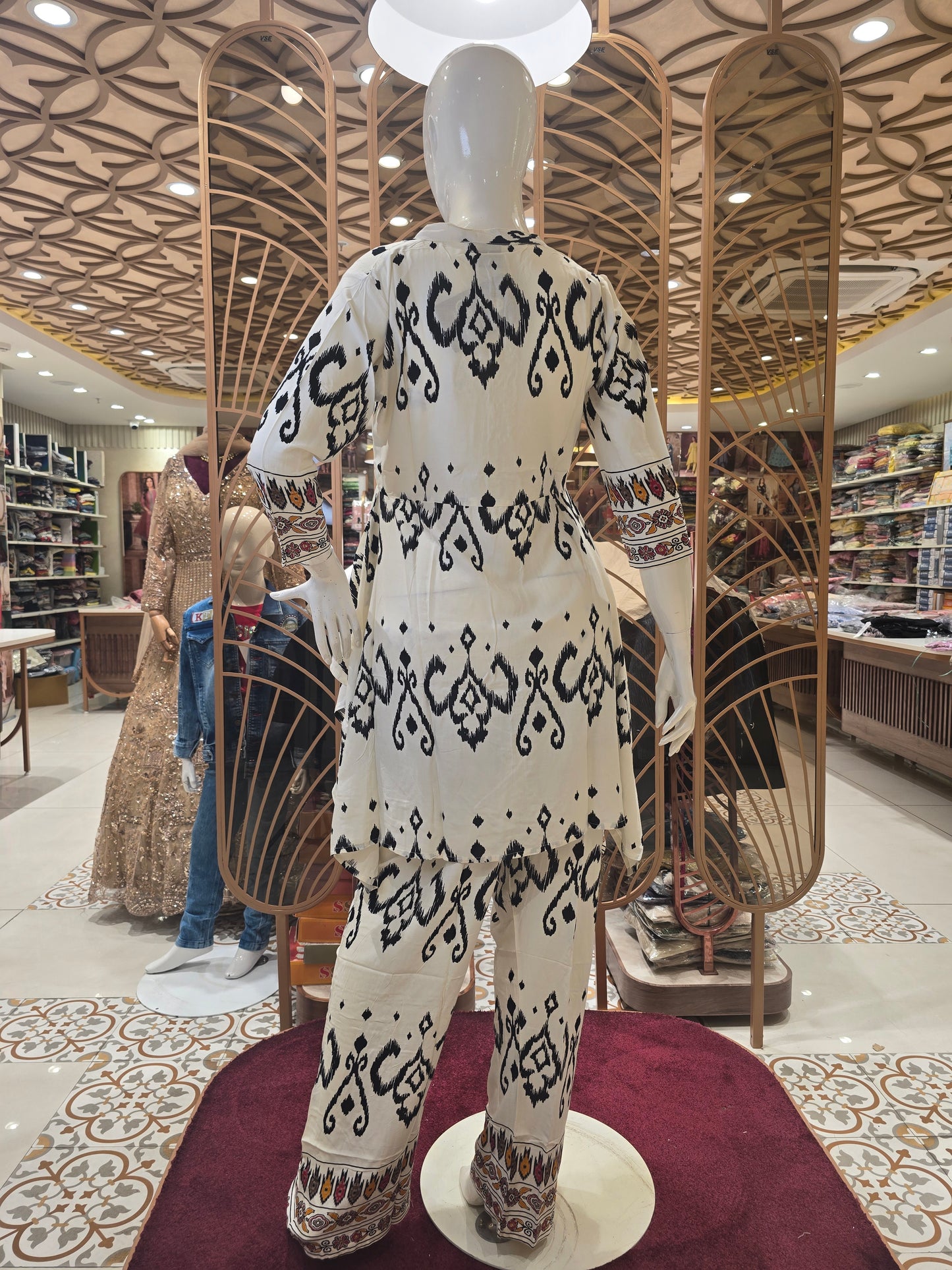 Women’s Rayon Coat Set in White Base with Black Printed Design, V-Neck Kurta and Printed Trousers for Daily and Casual Wear