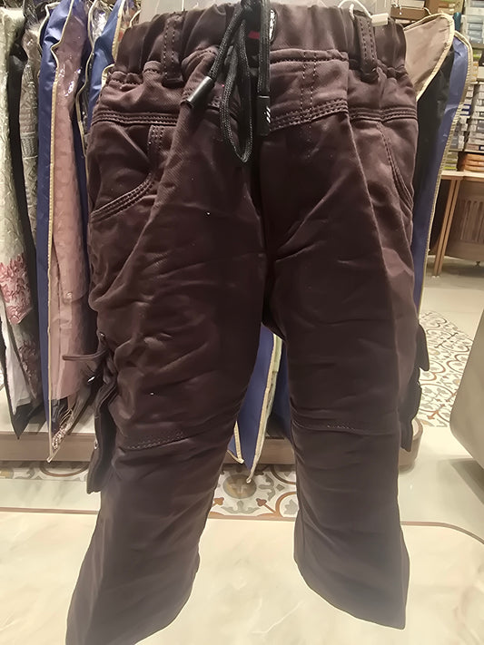 Brown Cotton Cargo ¾ Length Shorts for Boys with Six Pocket Design, Round Elastic Waistband and Long Adjustable Tie