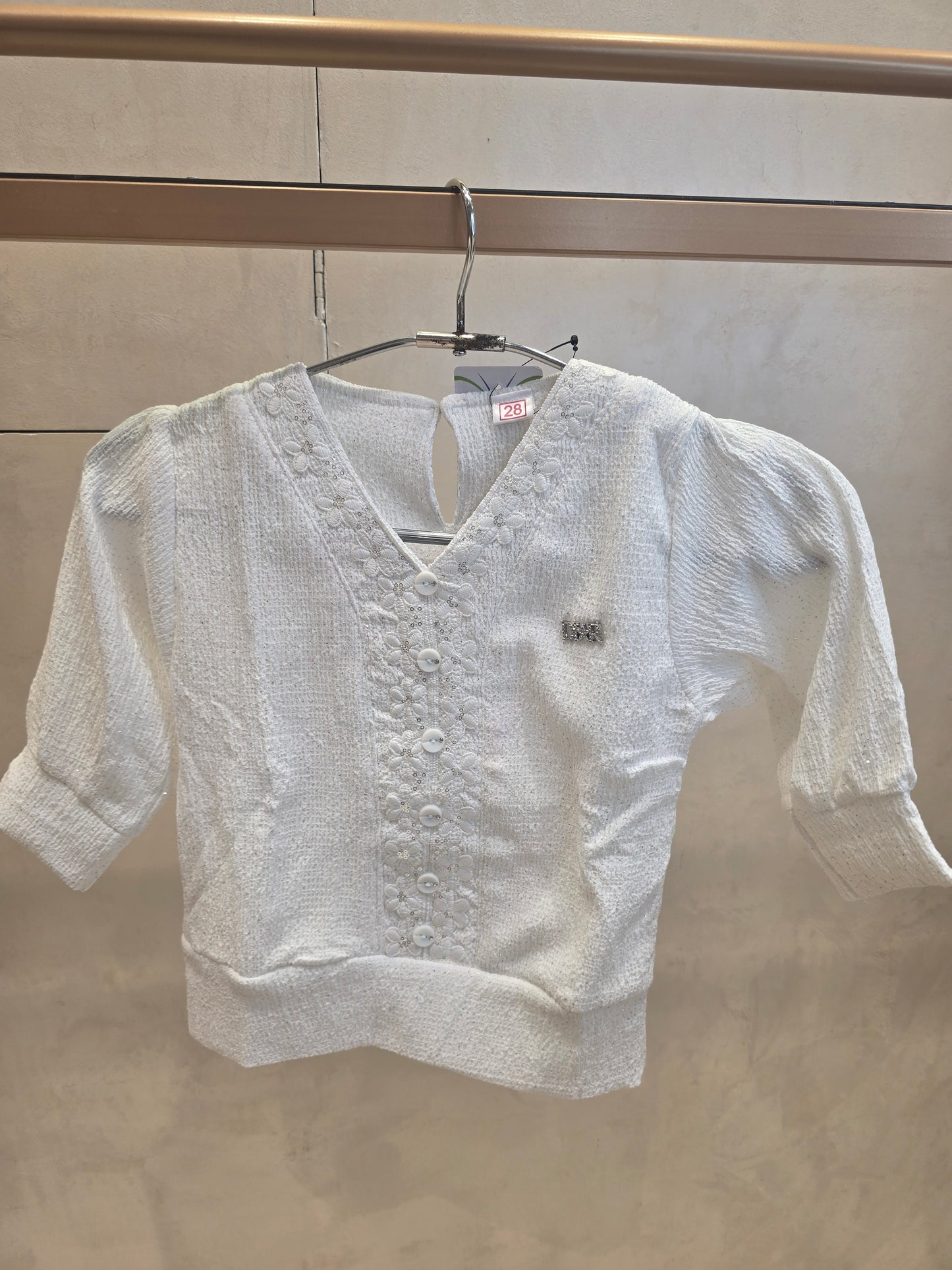 White Colored Crepe Georgette Fabric Western Top with Letter Brauch, Embroidery Design & Sequence