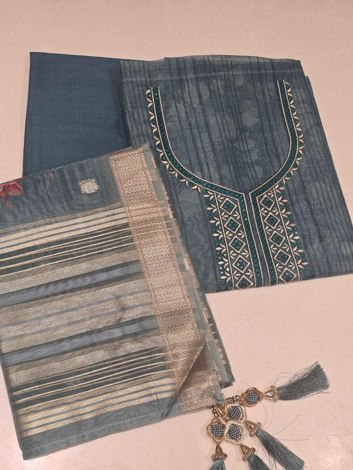 Cotton mix dress material with thread embroidery for free size