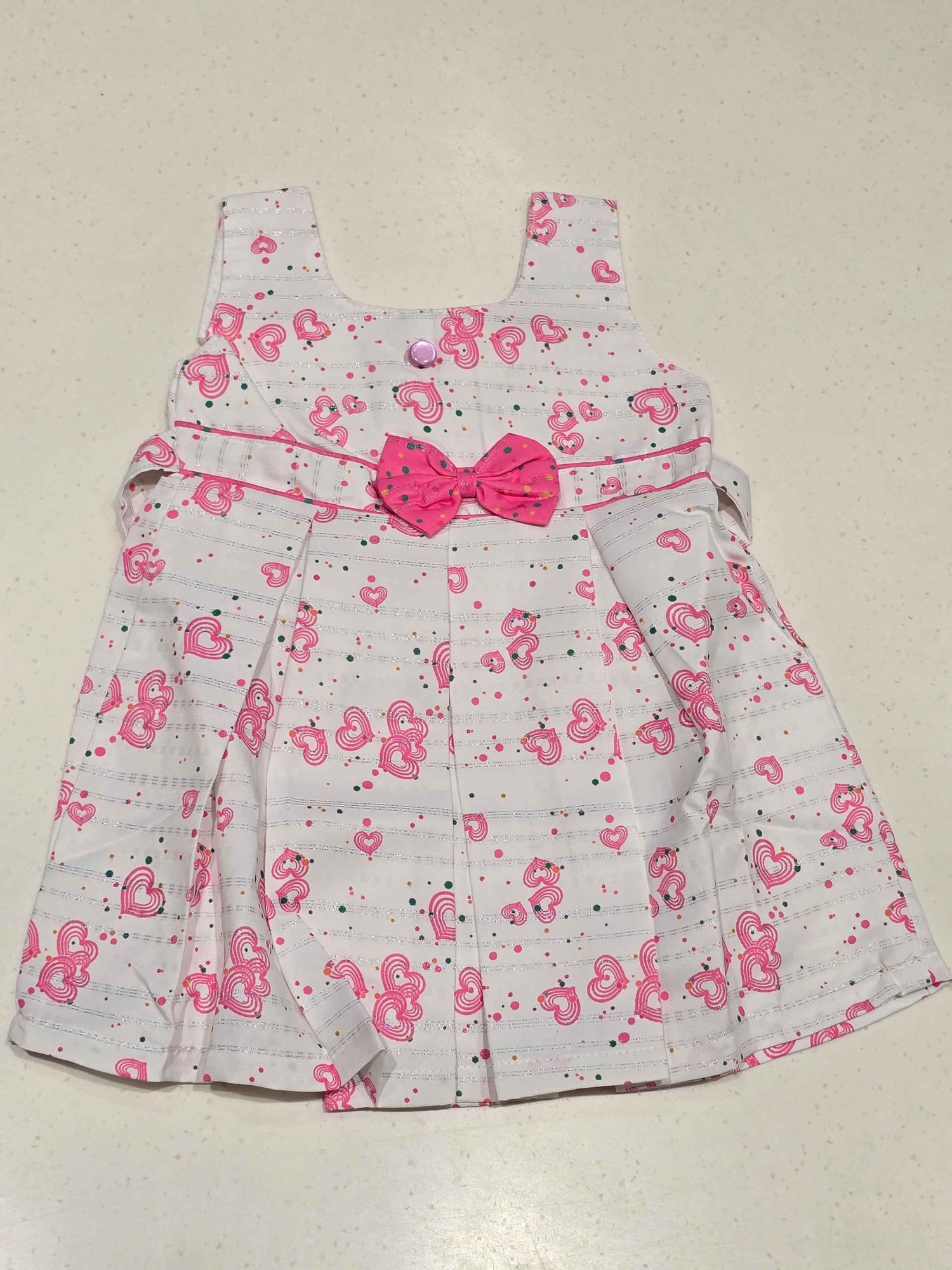 White Cotton Baby Frock for Girls with Pink Heart Print and Waist Bow