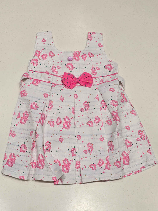 White Cotton Baby Frock for Girls with Pink Heart Print and Waist Bow
