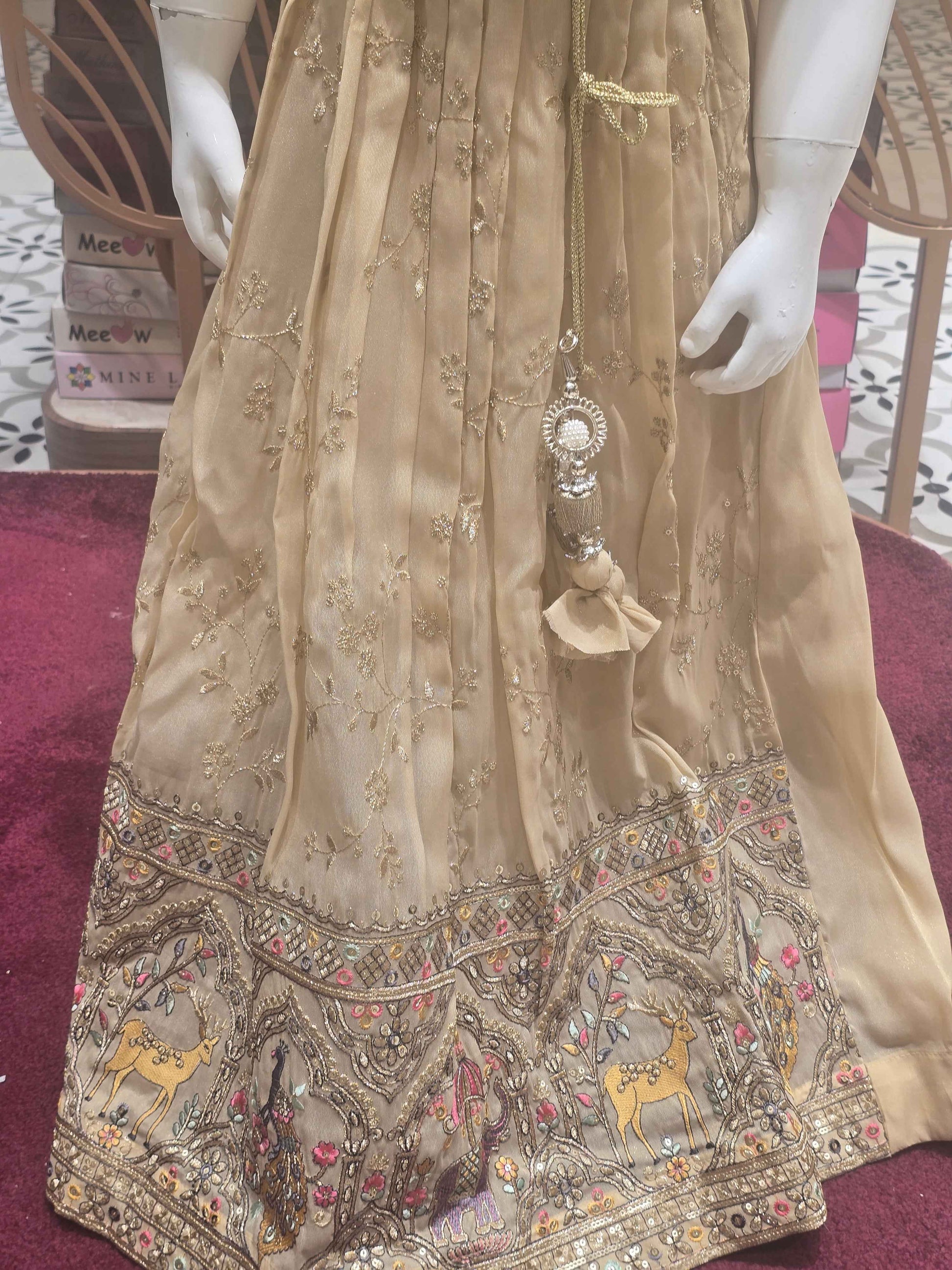Chinon material ghagra choli for girl with zari embroidery and ladkans
