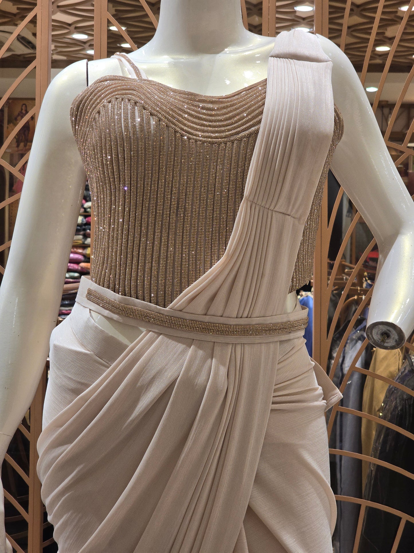 Gray Cream Satin Ready-to-Wear Saree