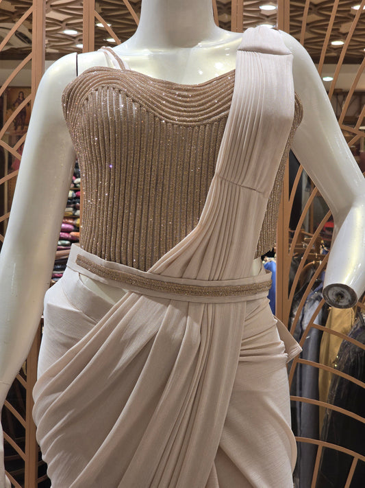 Gray Cream Satin Ready-to-Wear Saree