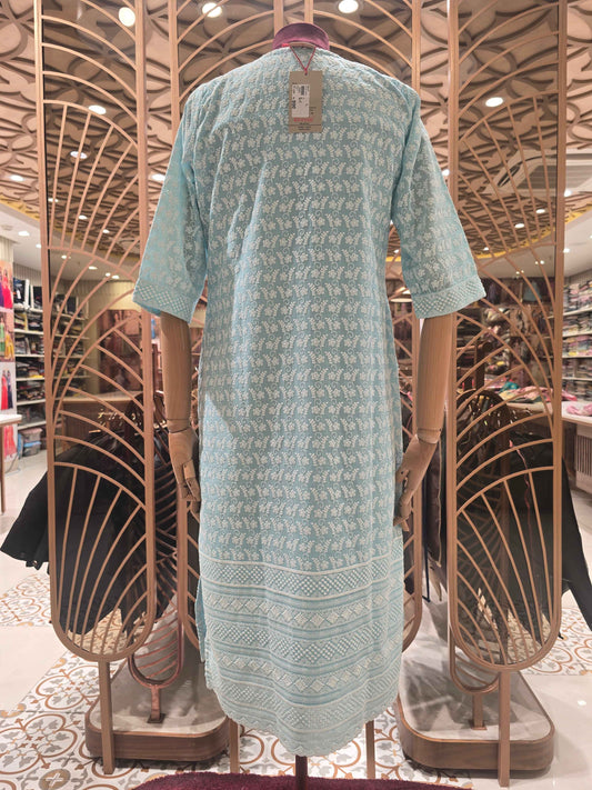 Cotton material blue color with white embroidery work over the body