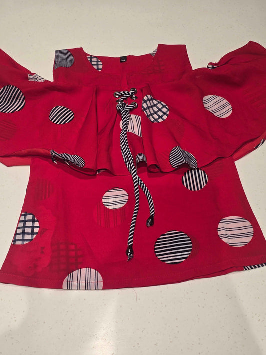 Cotton material red color western cool shoulder top with polka dots