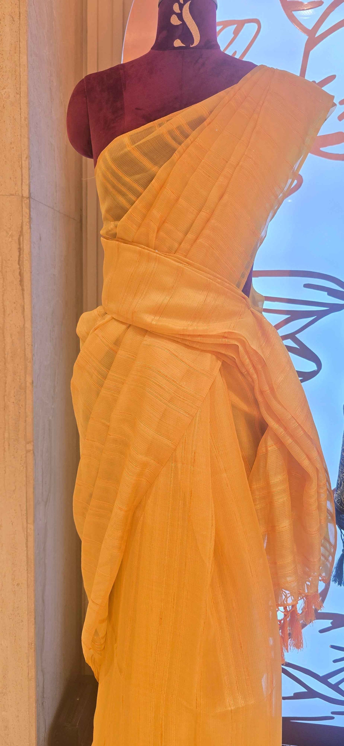Organza material gold color saree with thread work