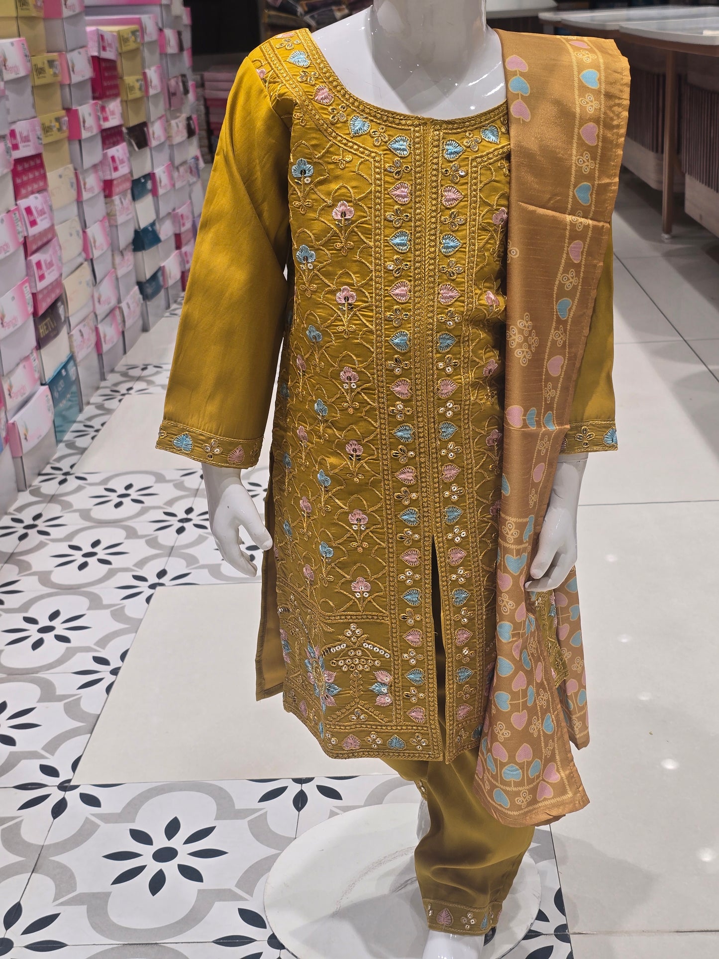 traditional mustard yellow kids' salwar kameez suit designed for girls
