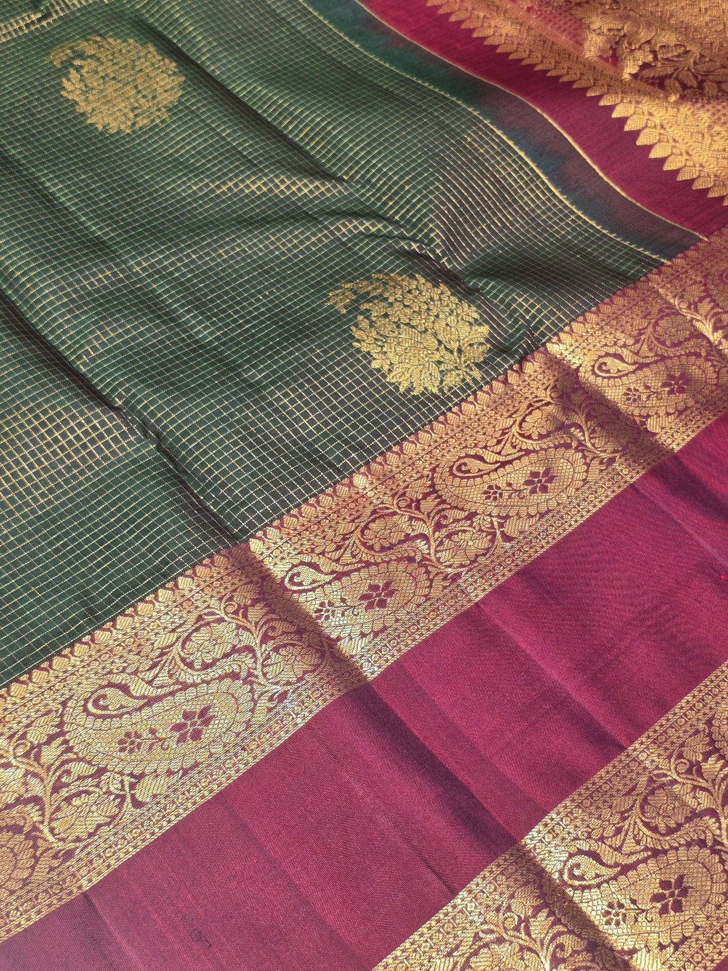 Exclusive Pure Handloom Kanchee Silk Saree with Checked Pattern, Mango Motifs & Bentex Border | Rich Pallu | Wedding Wear