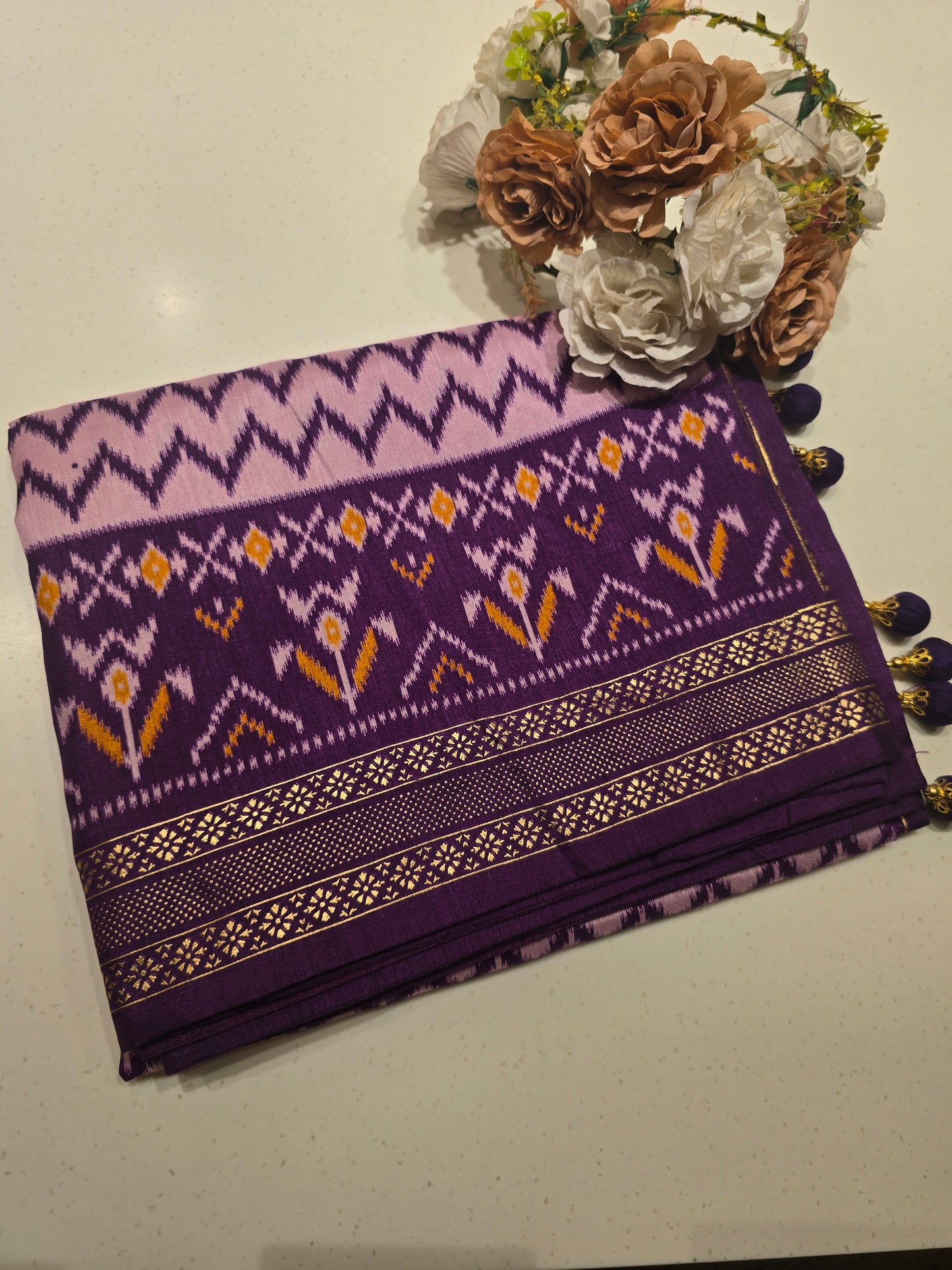 Semi Patola Silk Saree with Traditional Ikat Weaving & Zari Border | Elegant Festive & Wedding Wear Saree for Women