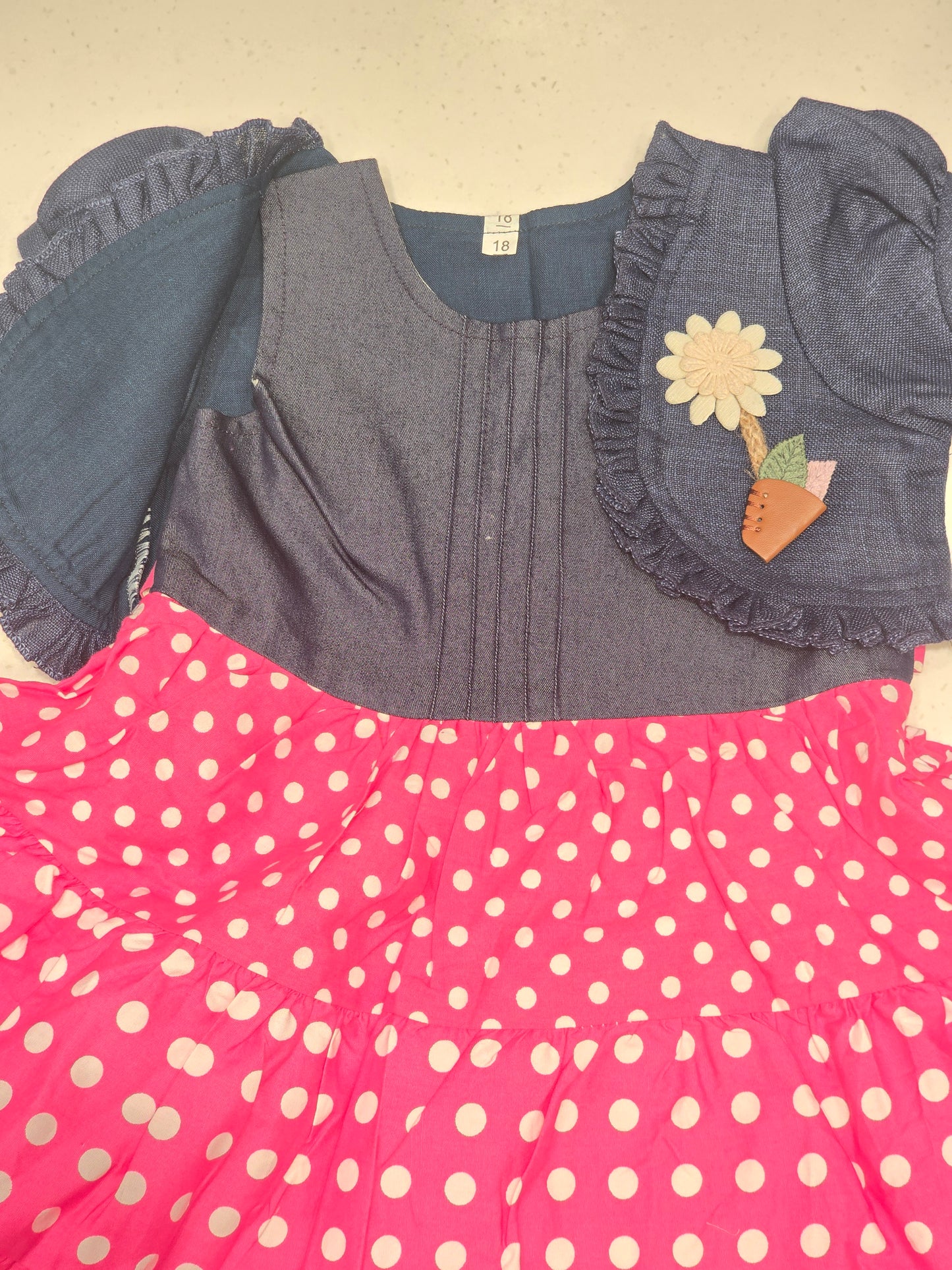 Cotton material pink with blue color babyfrock with small dots
