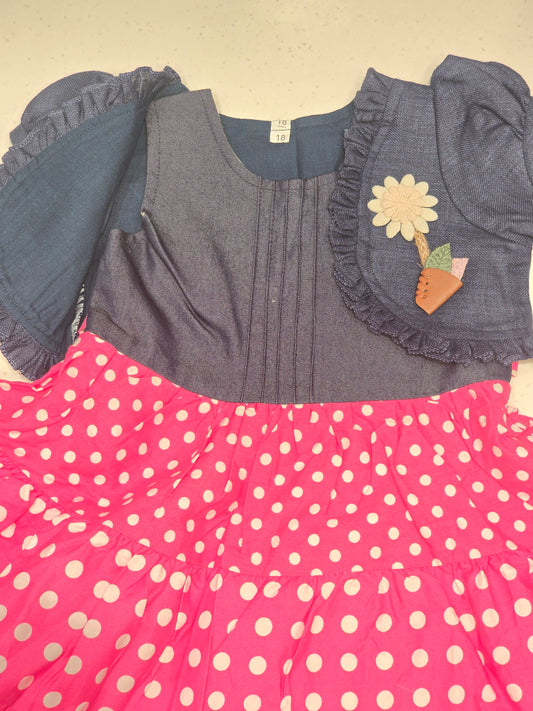 Cotton material pink with blue color babyfrock with small dots