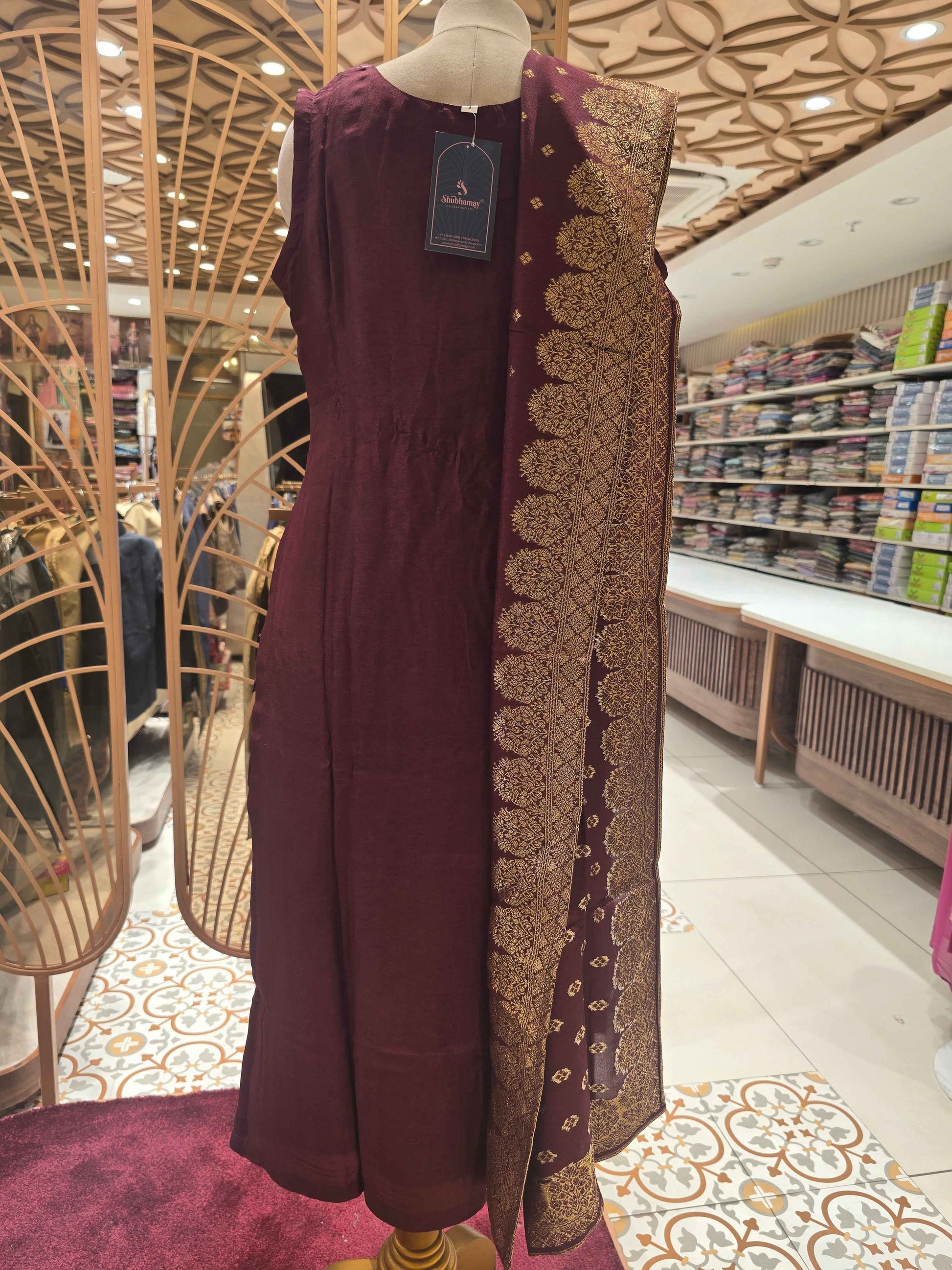Banarasi material brown color kurta set with round neck