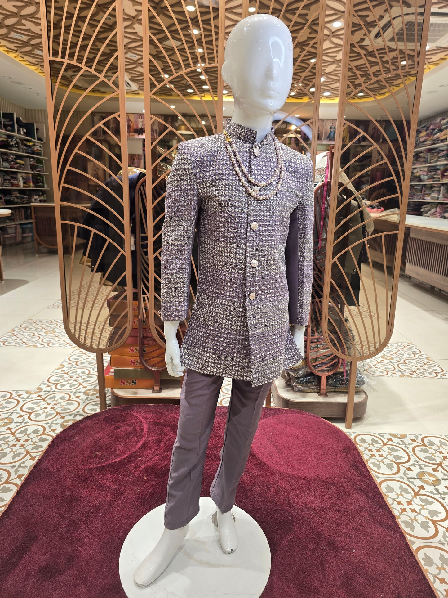 Lavender Tuton Fabric Indo Western Set with Sequin Embroidery, Traditional Buttons & Maala Accessory